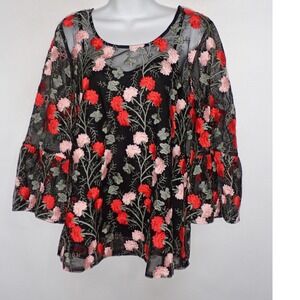 Solitaire Top w/ Cami Black Mesh Floral Embroidery Womens M Dark Floral Boho New